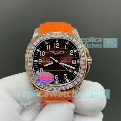 PP Factory Swiss Clone Patek Philippe Diamond Aquanaut 5167 Orange Rubber Strap Watch 